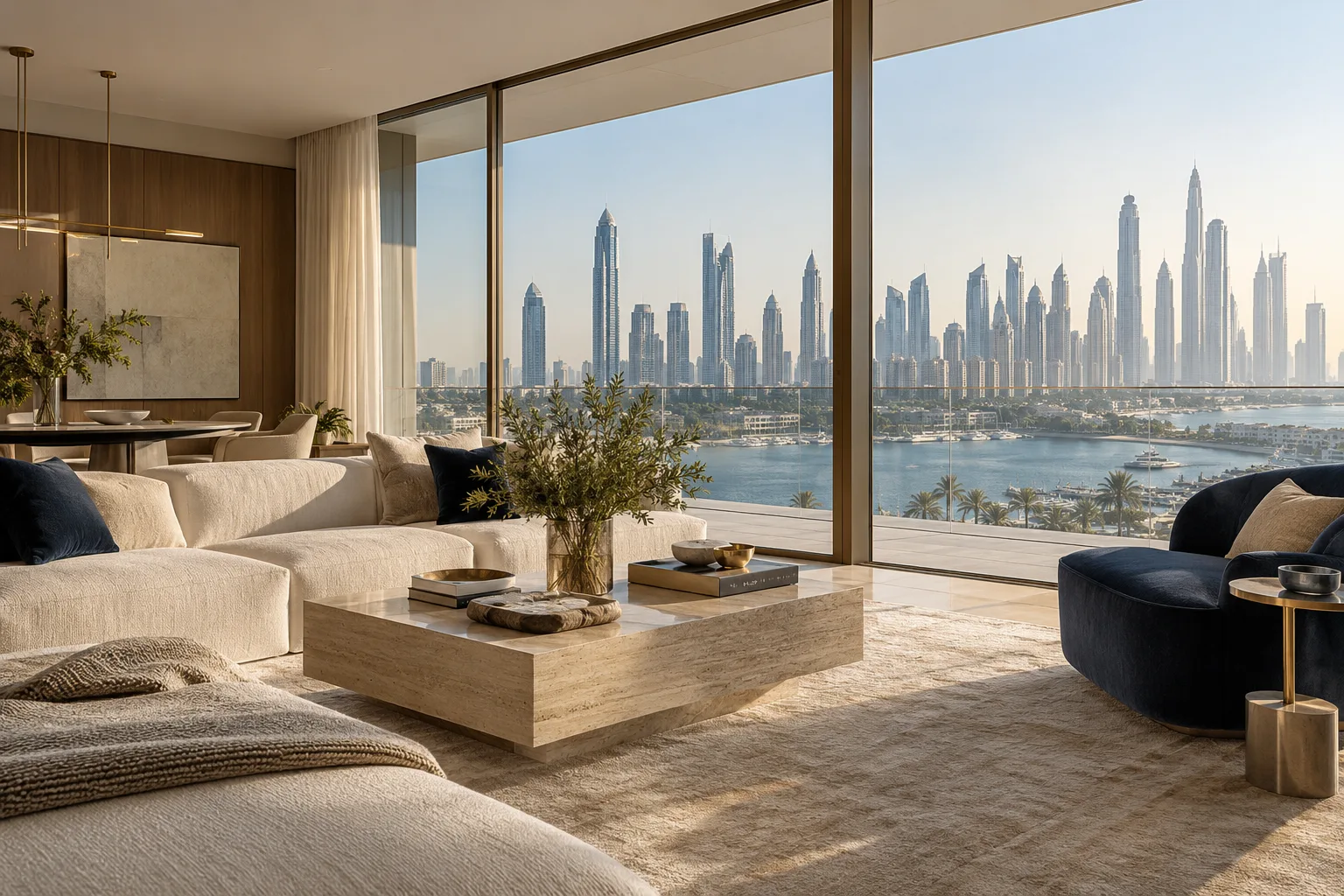 Sunlit apartment living room overlooking a Dubai waterfront, an AI concept