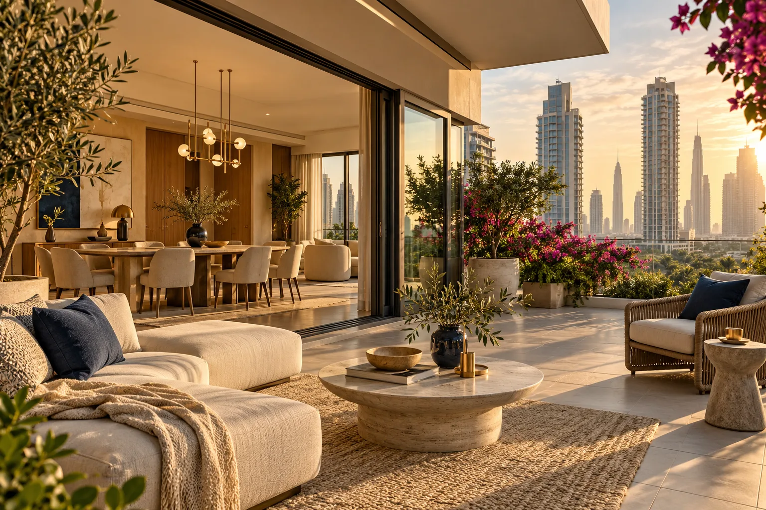 Elegant planted apartment terrace at sunset, an AI concept