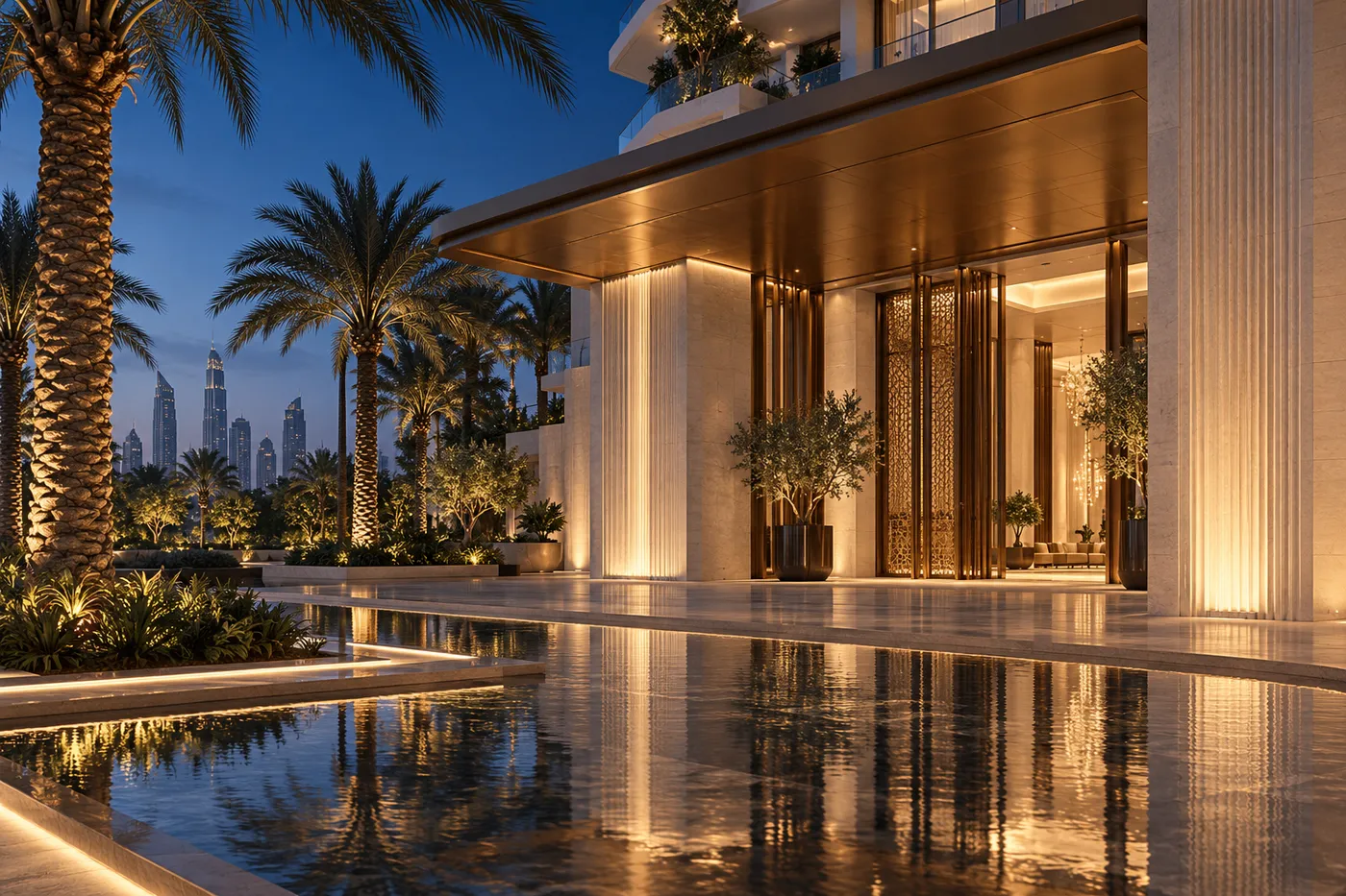 Illustrative residential arrival pavilion with reflecting pool and warm bronze details