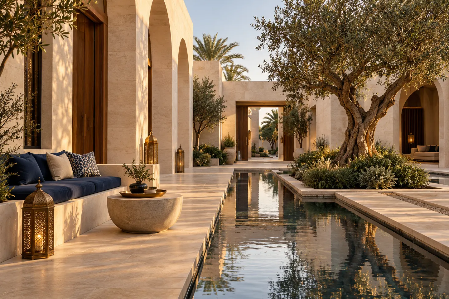 Conceptual luxury residential courtyard with limestone arches and water garden
