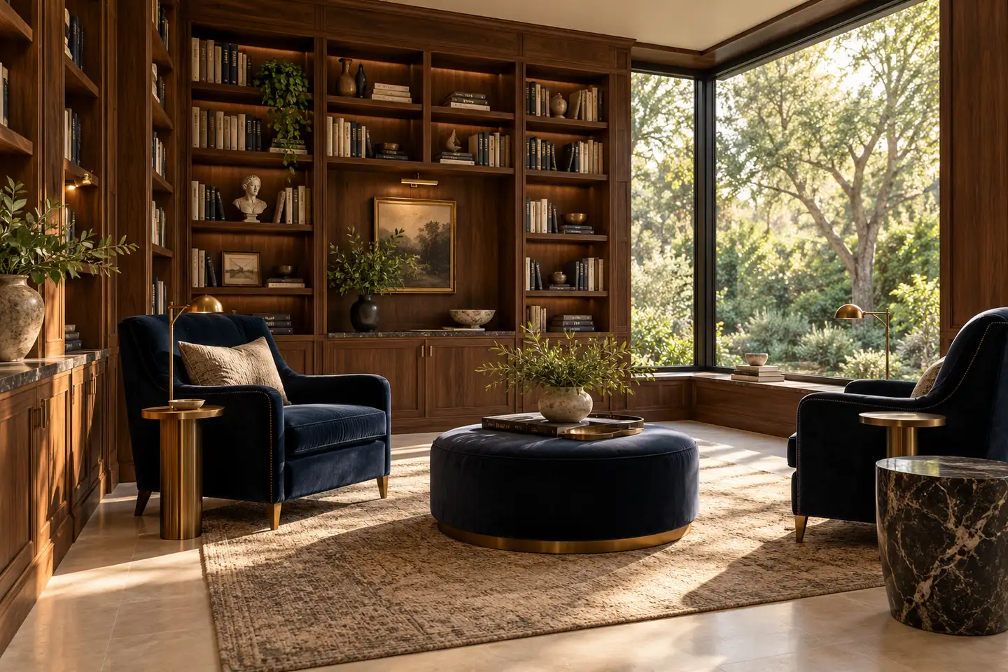 Conceptual private residential library with walnut joinery and navy seating