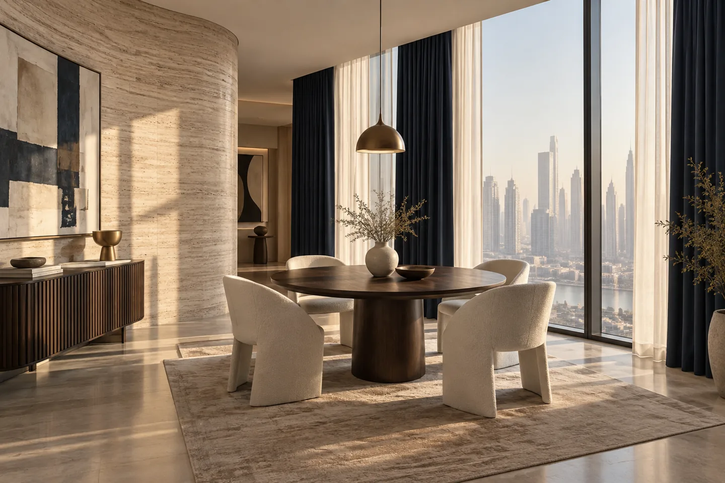 Elegant dining room with travertine finishes and a city-view window