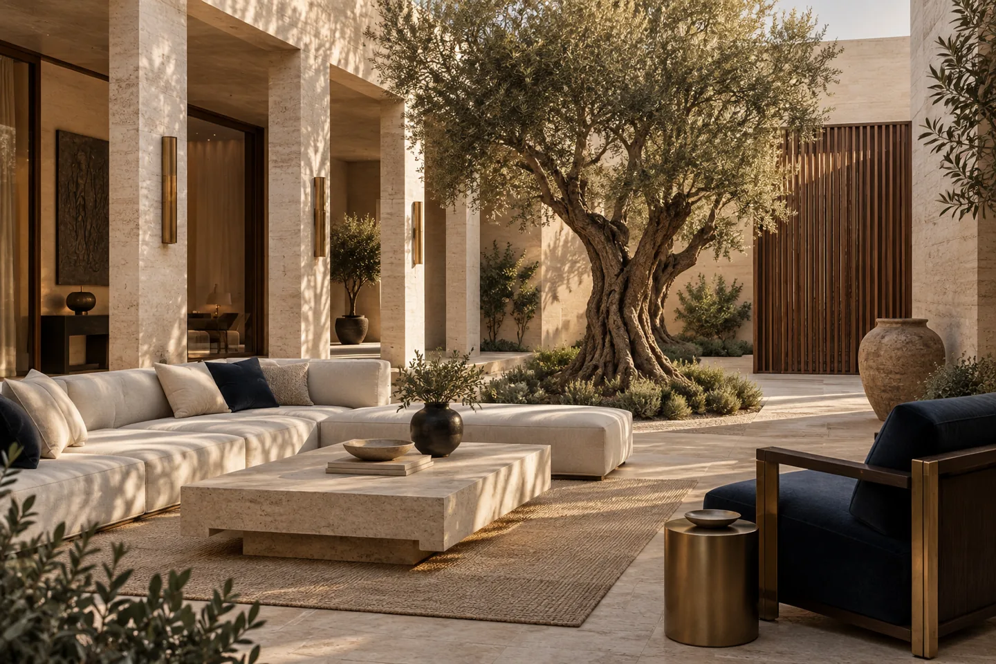 Contemporary villa courtyard with a shaded terrace and landscaped garden