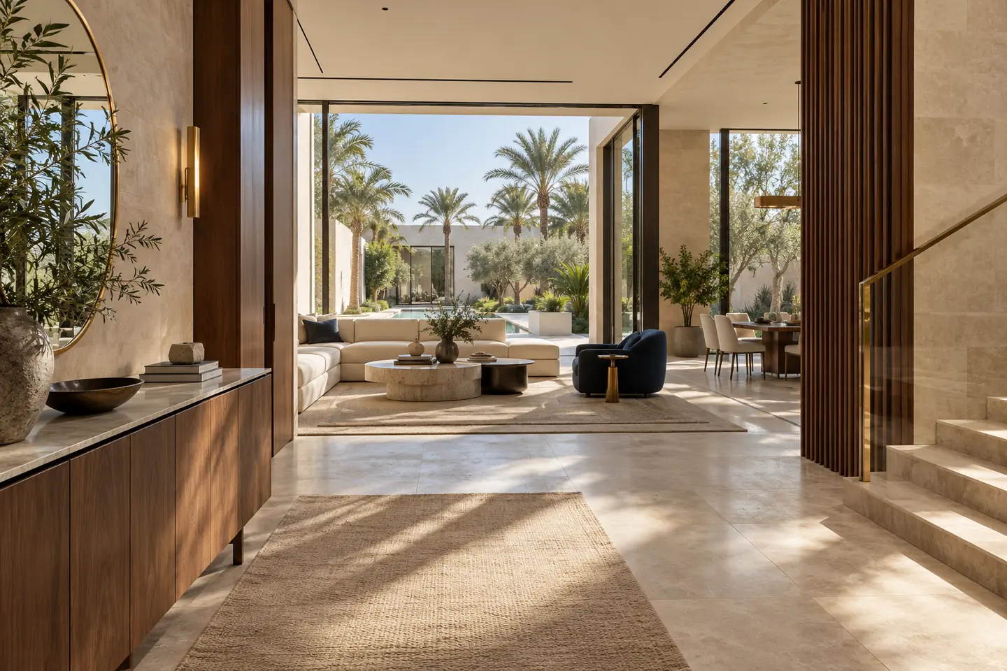Conceptual limestone entrance opening into a refined contemporary residence