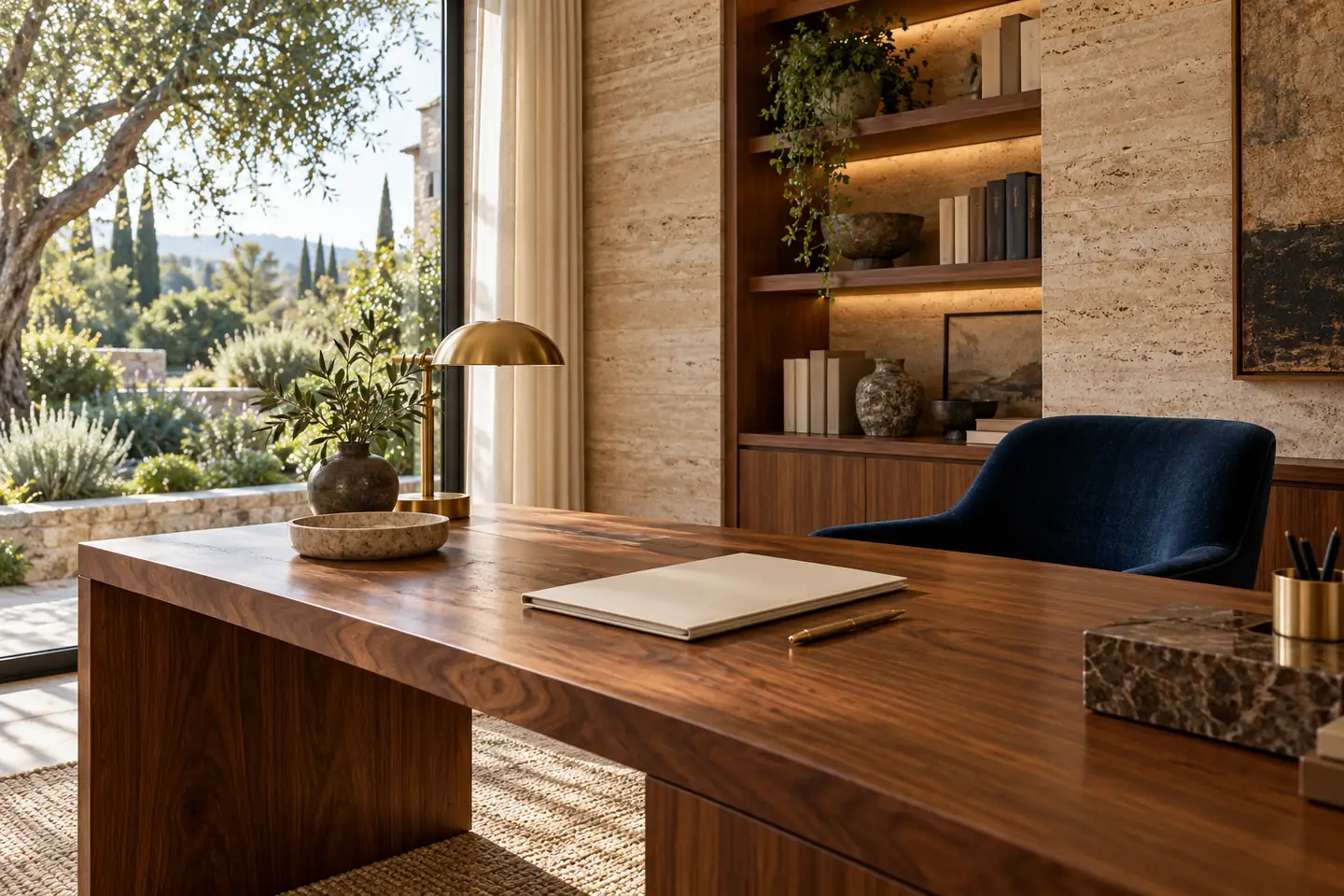 Conceptual walnut home study with navy seating and garden light