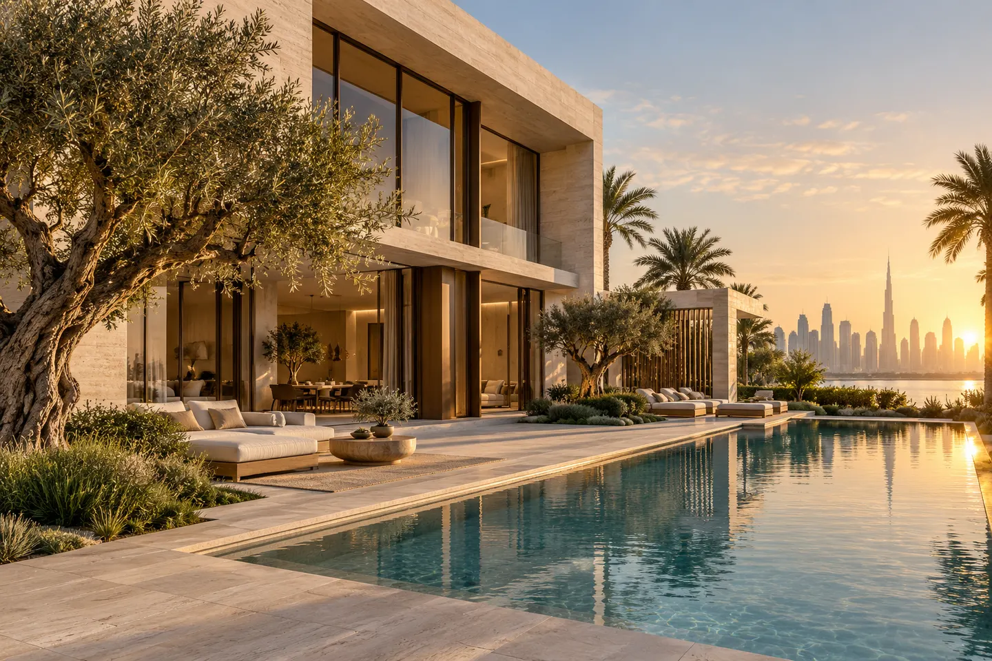 Conceptual luxury villa garden with pale stone architecture and a pool