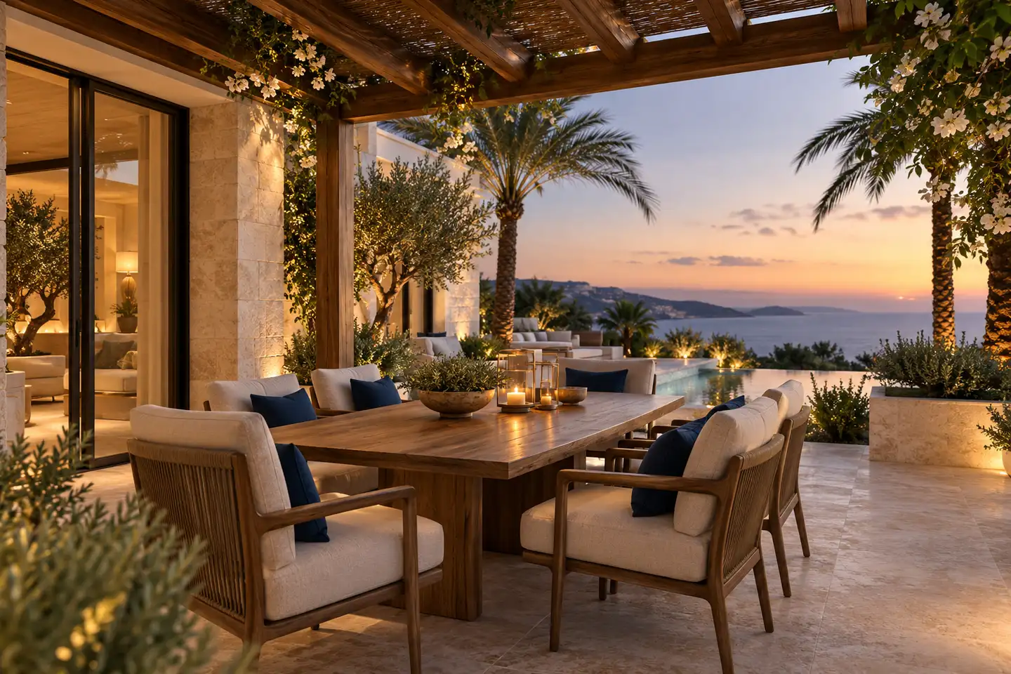 Conceptual shaded villa dining terrace with timber pergola and ivory seating
