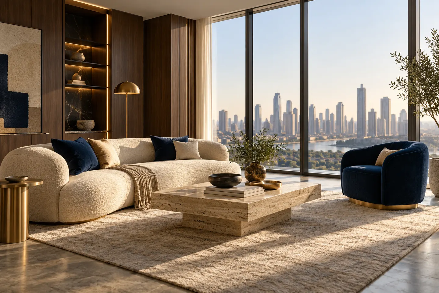 Conceptual refined apartment living room with ivory sofa and navy armchair