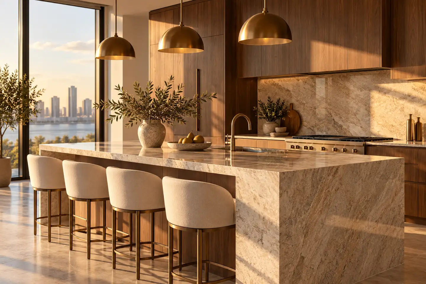 Conceptual luxury apartment kitchen with stone island and walnut cabinetry