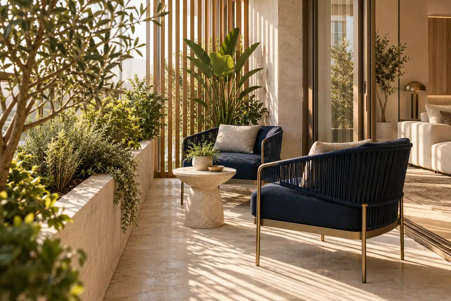 Conceptual apartment balcony with shaded seating and planting