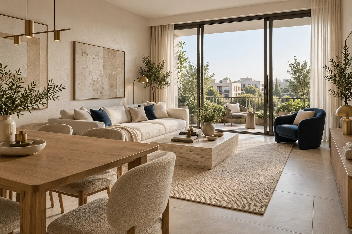 Conceptual contemporary apartment living room opening onto a modest leafy balcony