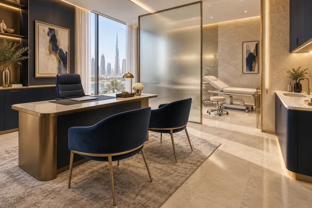 AI-generated specialist consultation room concept with a private examination area