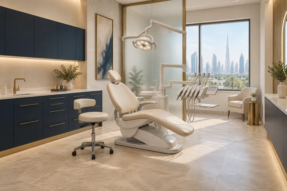 AI-generated dental treatment room concept with a dental chair and navy cabinetry