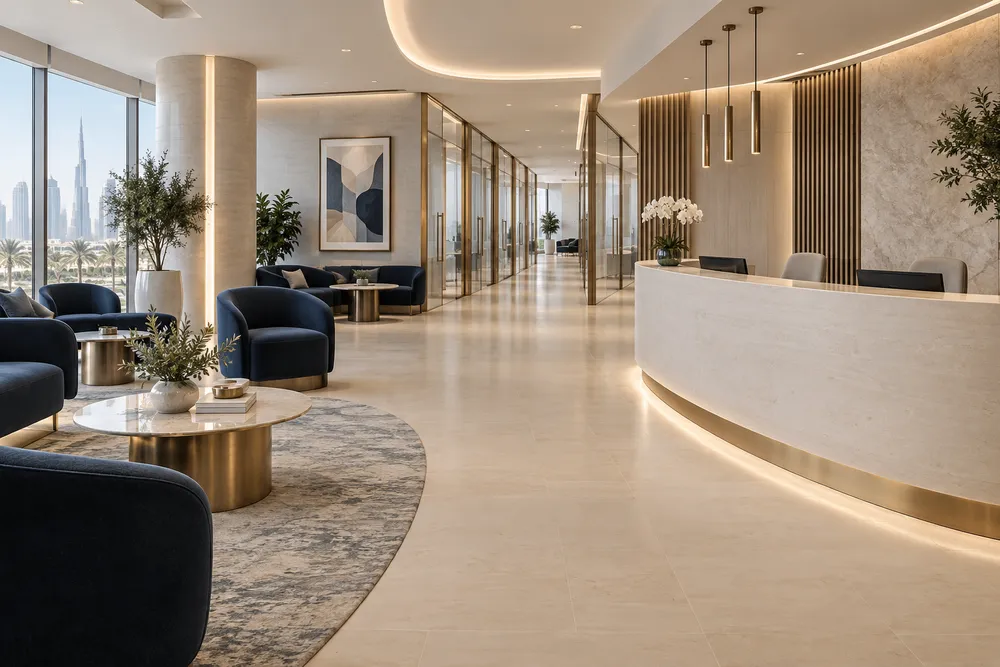AI-generated medical centre reception concept with navy seating and warm stone finishes