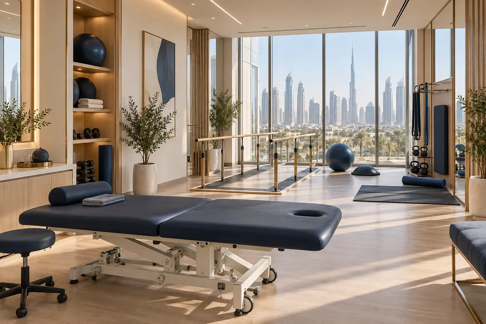 AI-generated physiotherapy studio concept with a treatment table and exercise space