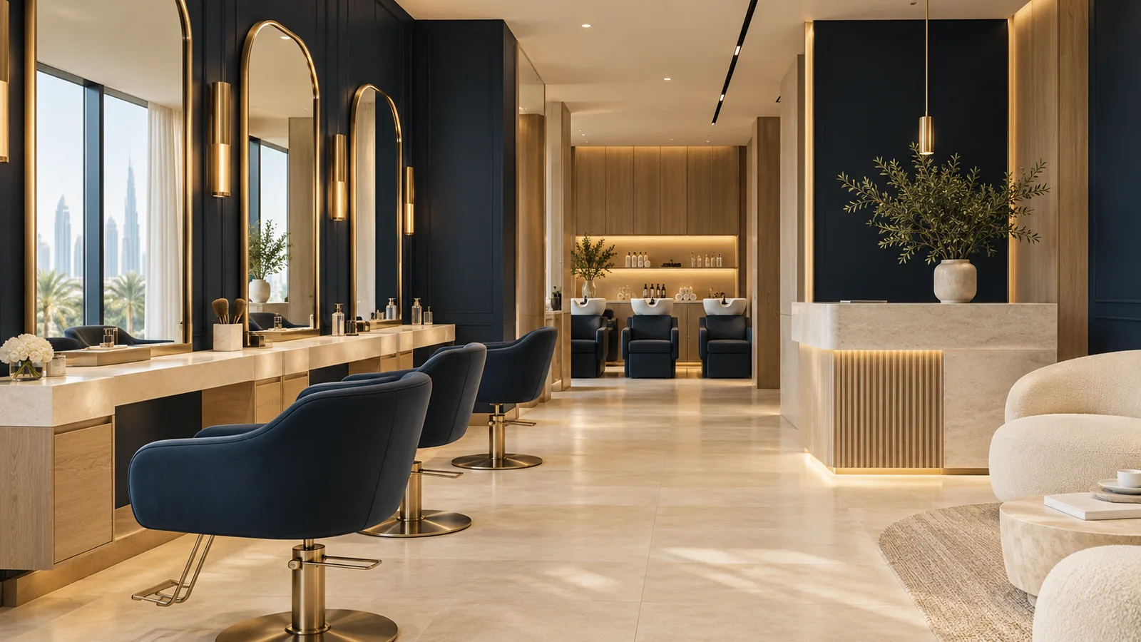 AI-generated salon interior concept with navy styling chairs, champagne mirrors and warm stone