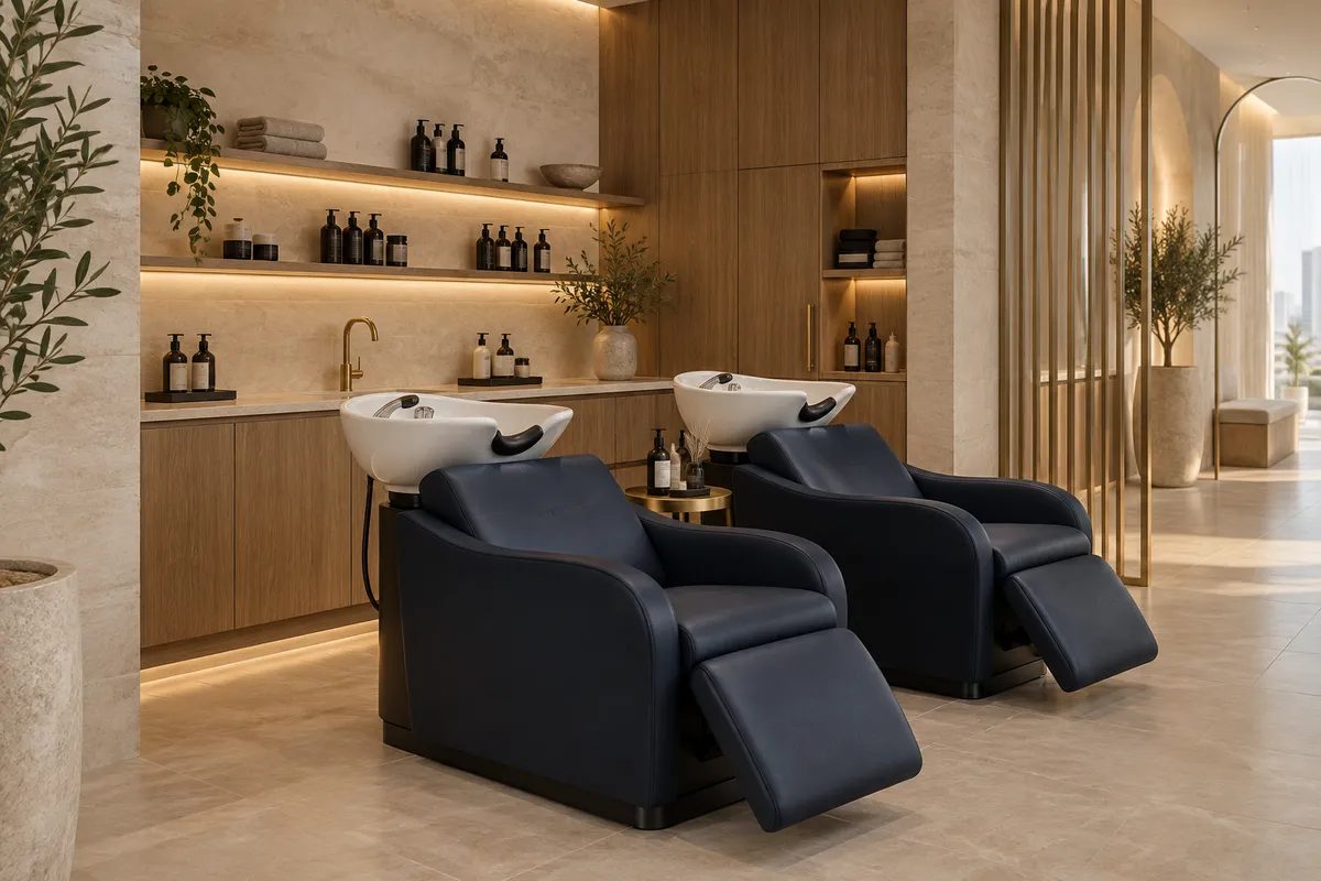 AI-generated salon wash-area concept with navy shampoo chairs and warm stone finishes