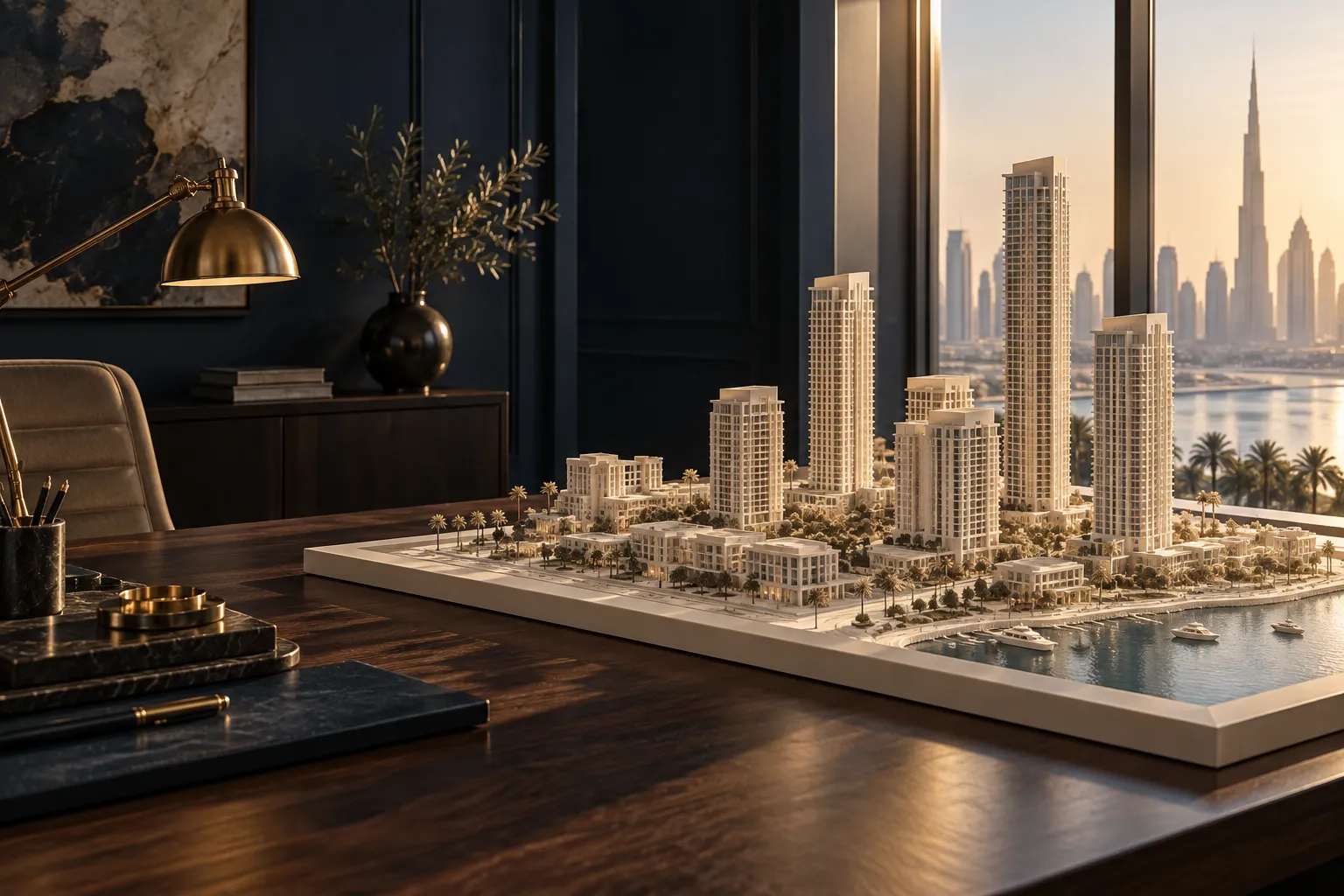 AI-generated editorial concept of architectural models on an investment research desk
