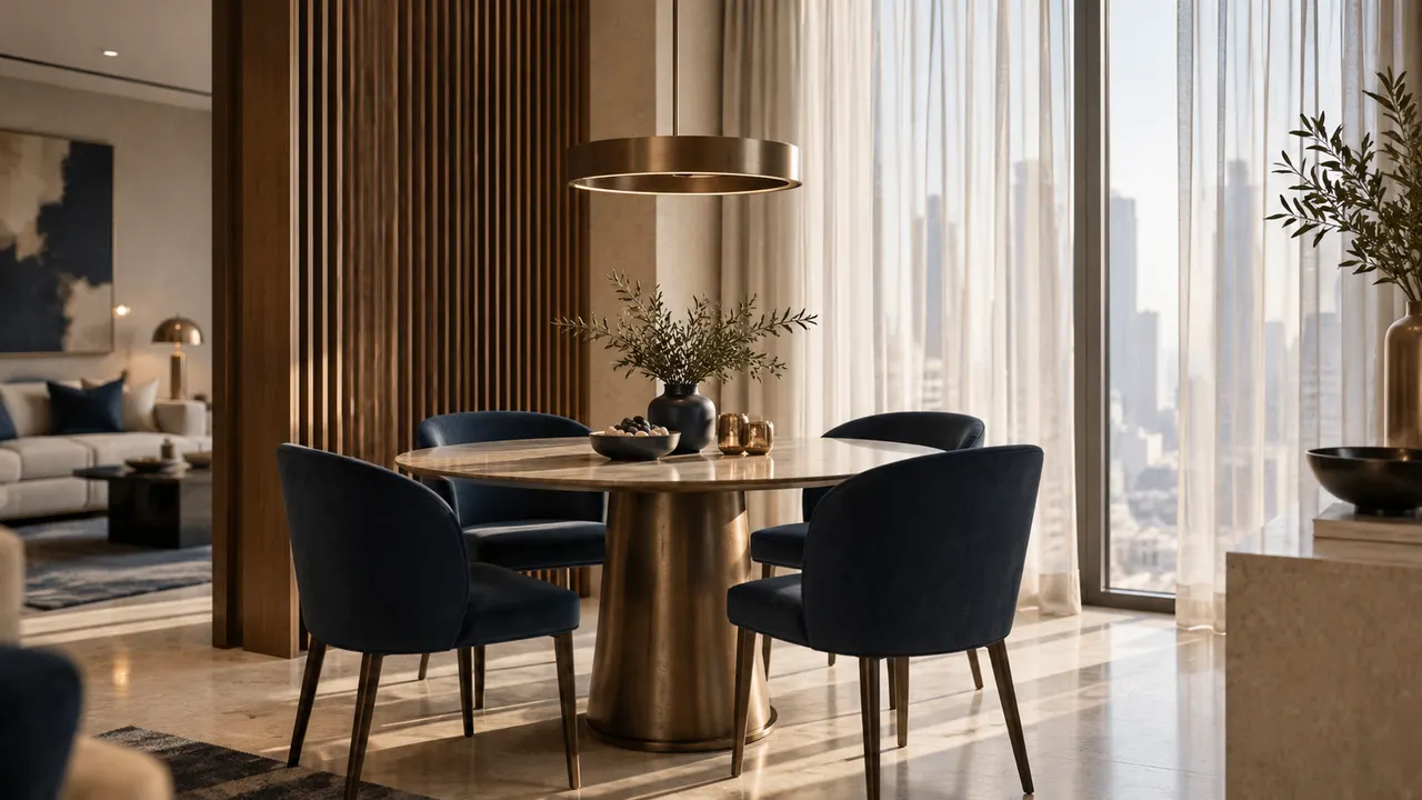 High-rise apartment dining alcove with fluted timber screen and muted navy chairs, city light visible only abstractly through sheer drapes