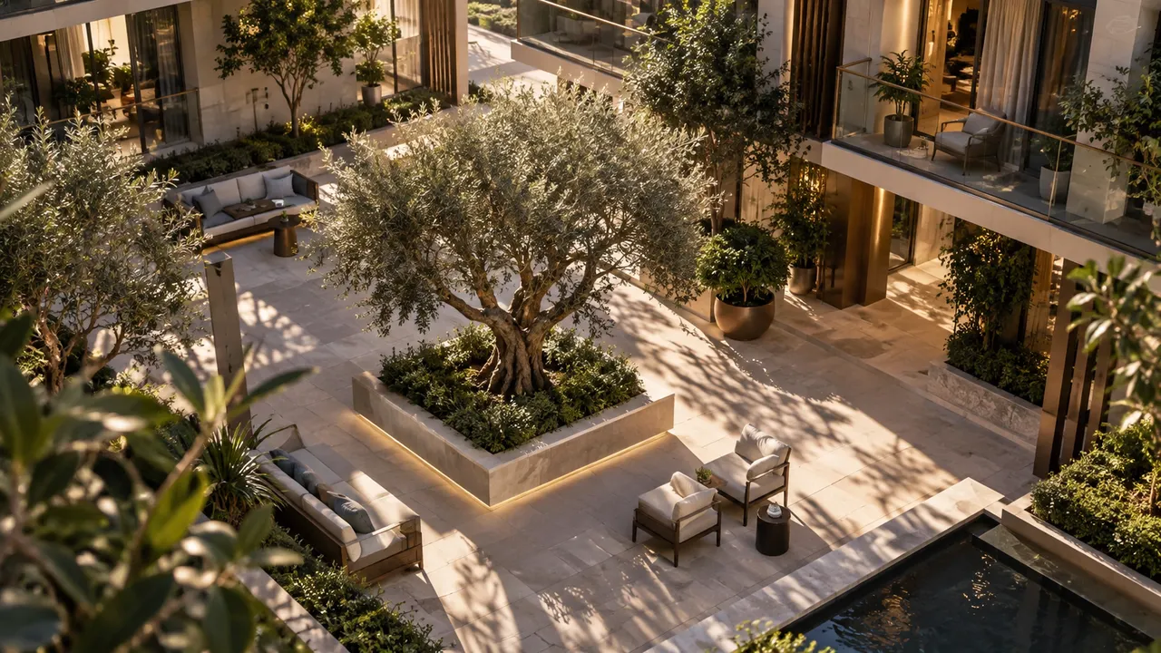 Quiet low-rise apartment communal courtyard with shaded benches and a sculptural olive tree, overhead diagonal view