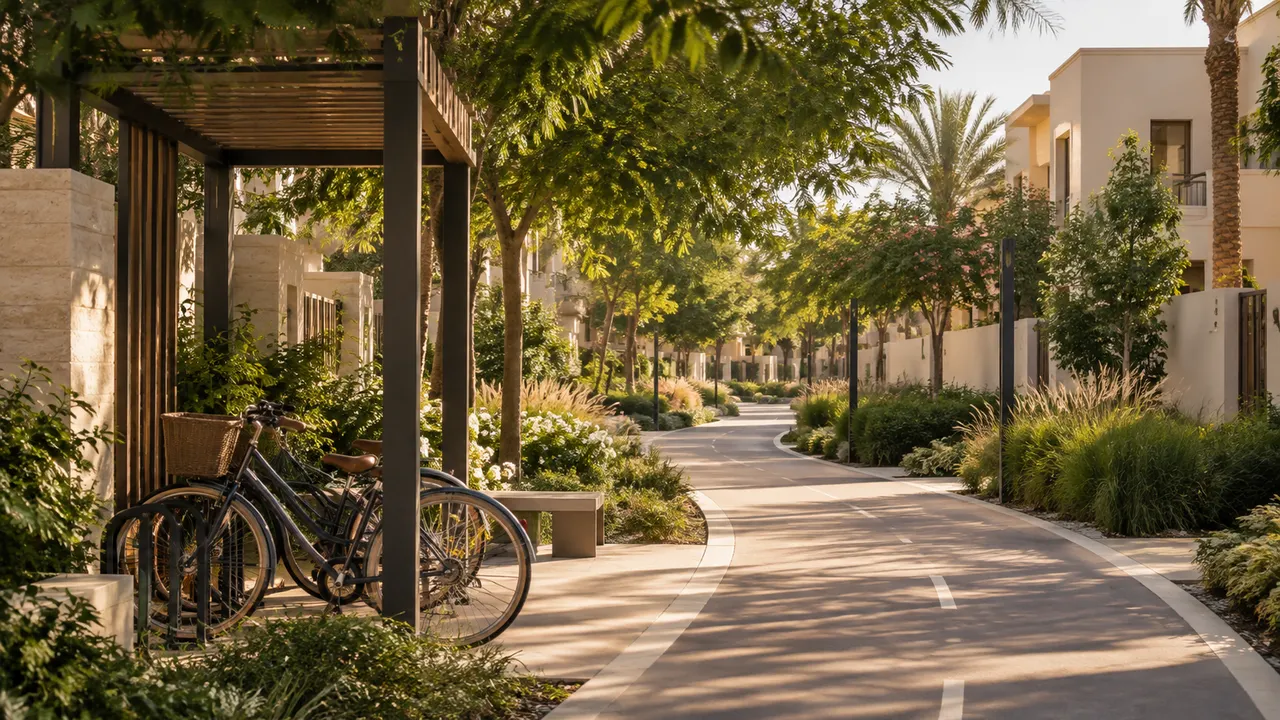 Shaded family cycling path weaving through a generic low-rise residential community, bicycles parked no people