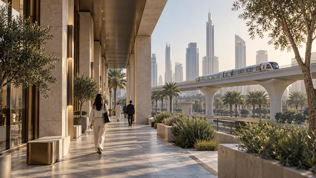 Illustrative shaded pedestrian approach beside an elevated urban railway