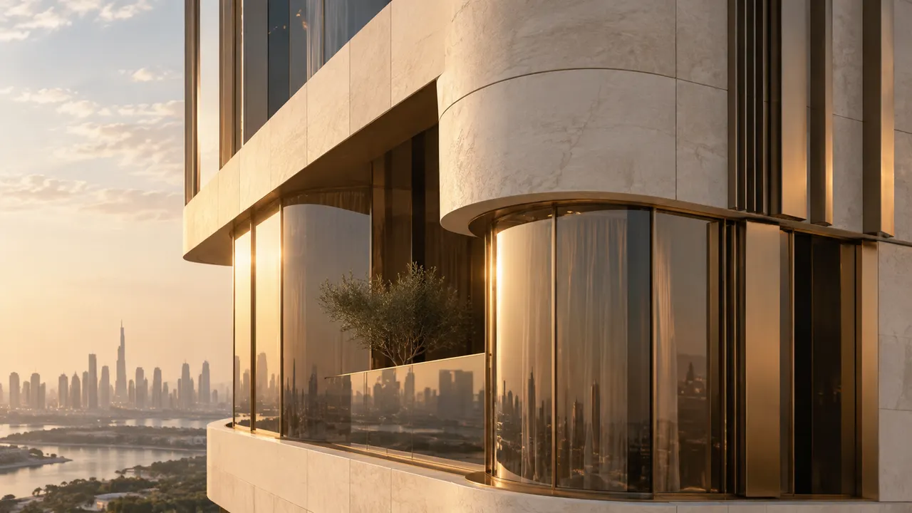 Close view of sculptural facade corner in bronze glass and pale stone, architectural material study, not an actual developer project