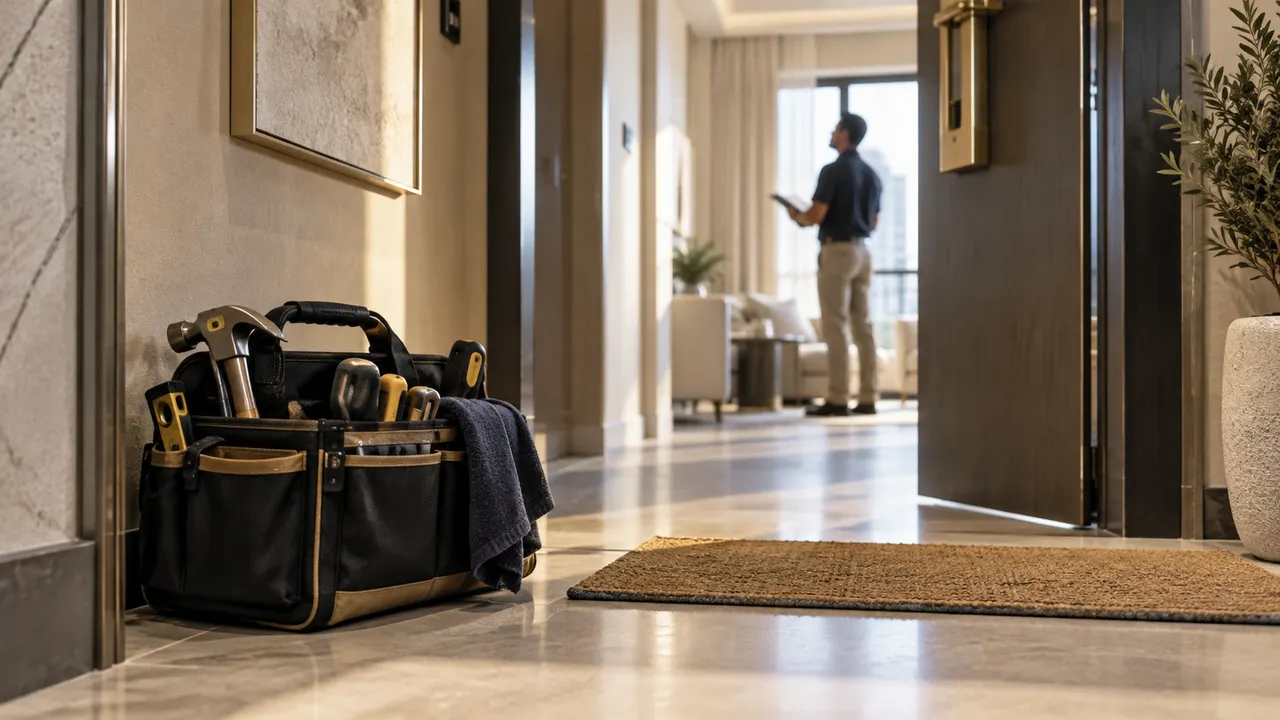 A property maintenance tool pouch beside a neutral apartment doorway, careful inspection rather than luxury marketing