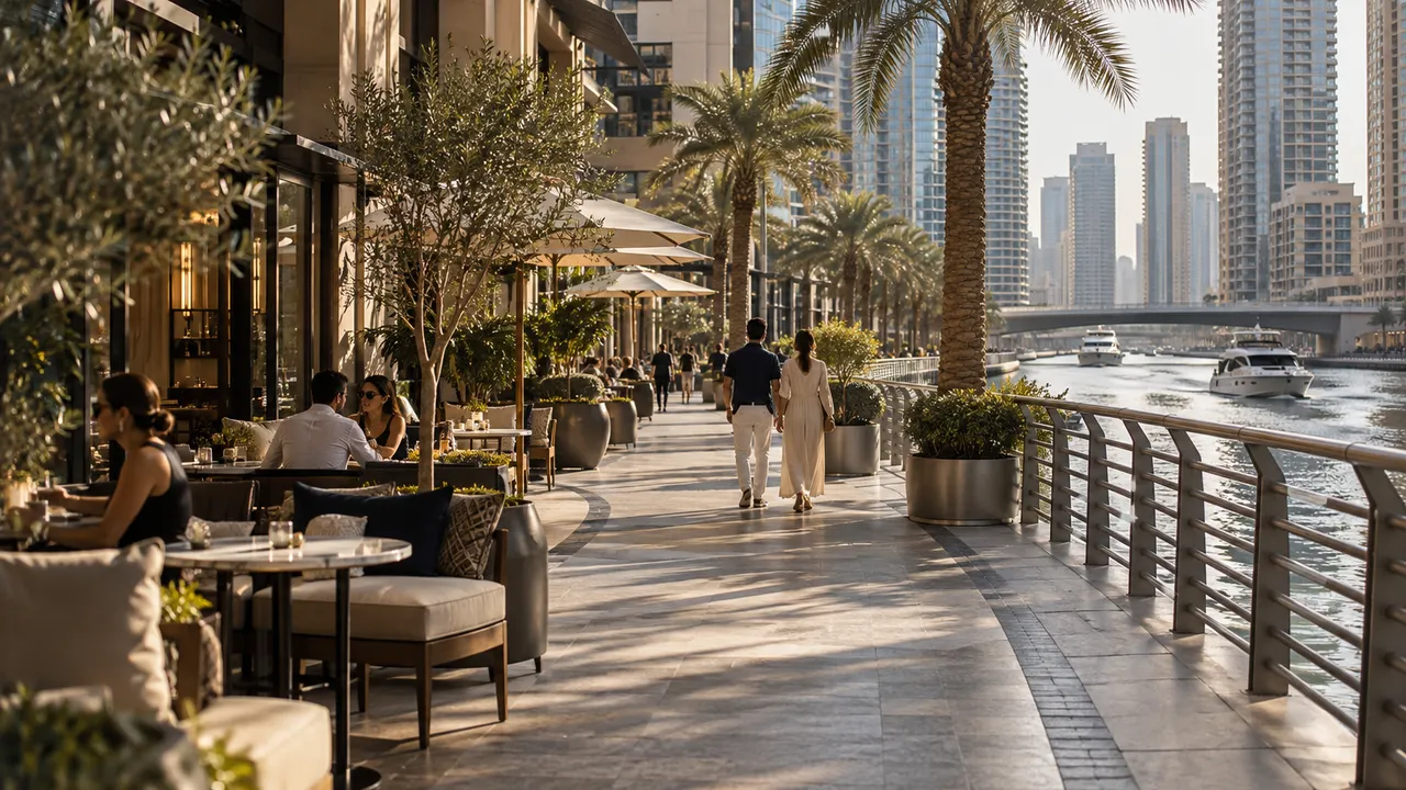 A shaded pedestrian boardwalk beside a generic urban waterway with cafe terraces, no identifiable landmarks