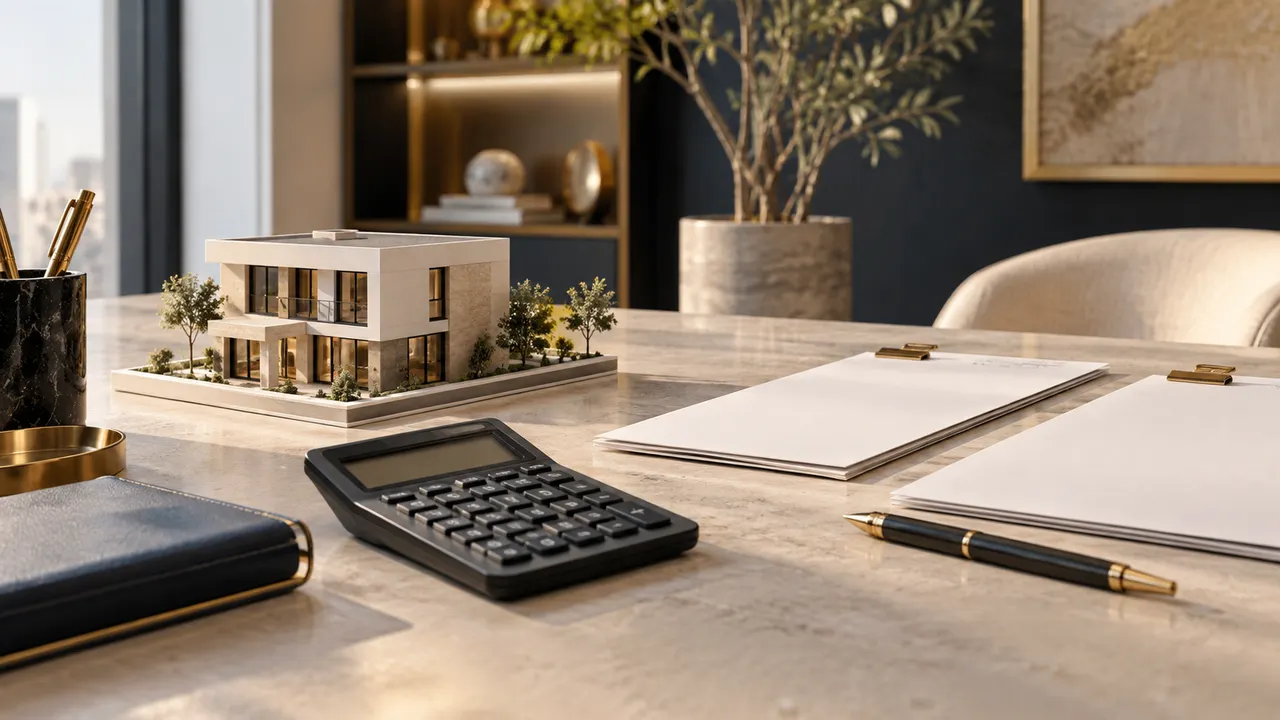 Mortgage planning concept with a compact house model, plain calculator and neatly separated blank budget sheets