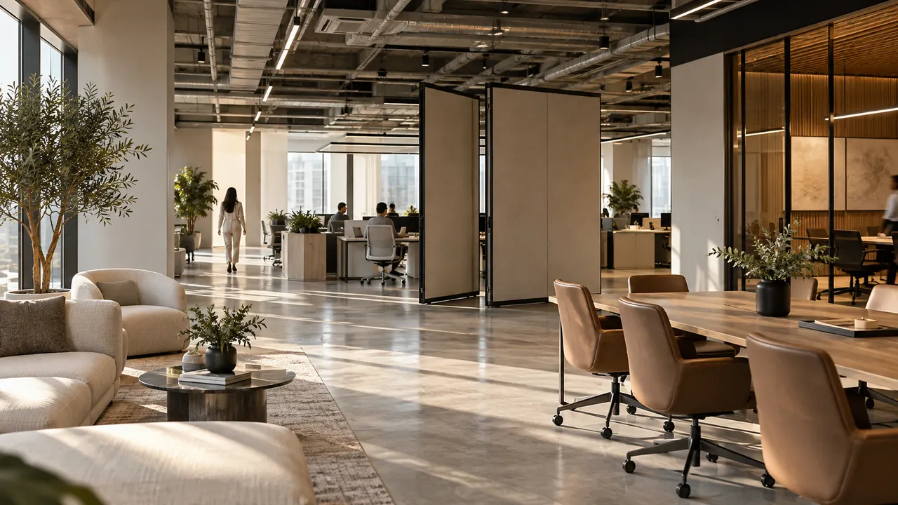 Large flexible office floor with movable partitions, daylight and exposed ceiling, no skyline emphasis