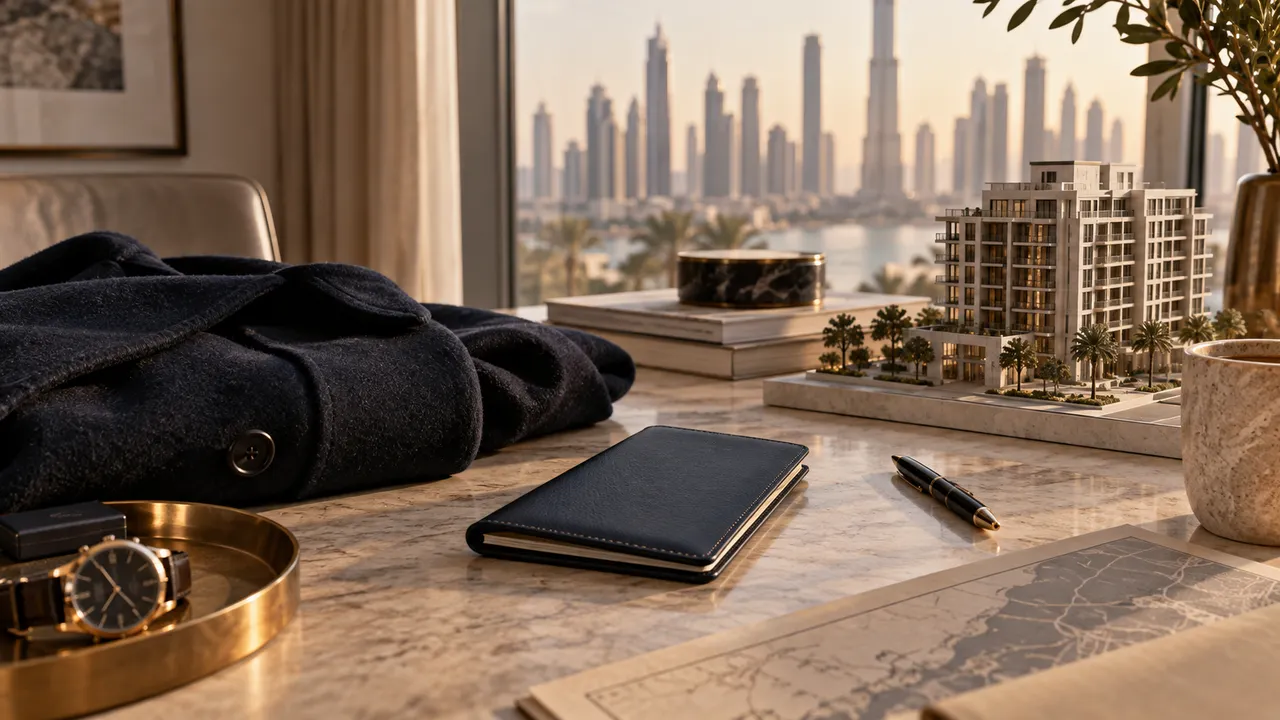 A refined travel planning desk with a folded wool coat, blank passport cover and apartment model, no flags or text