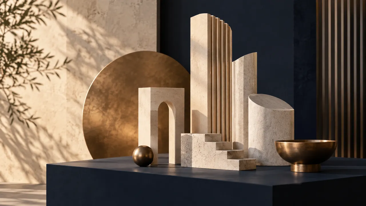 An asymmetric still life of abstract ceramic architectural volumes at different heights on a navy podium