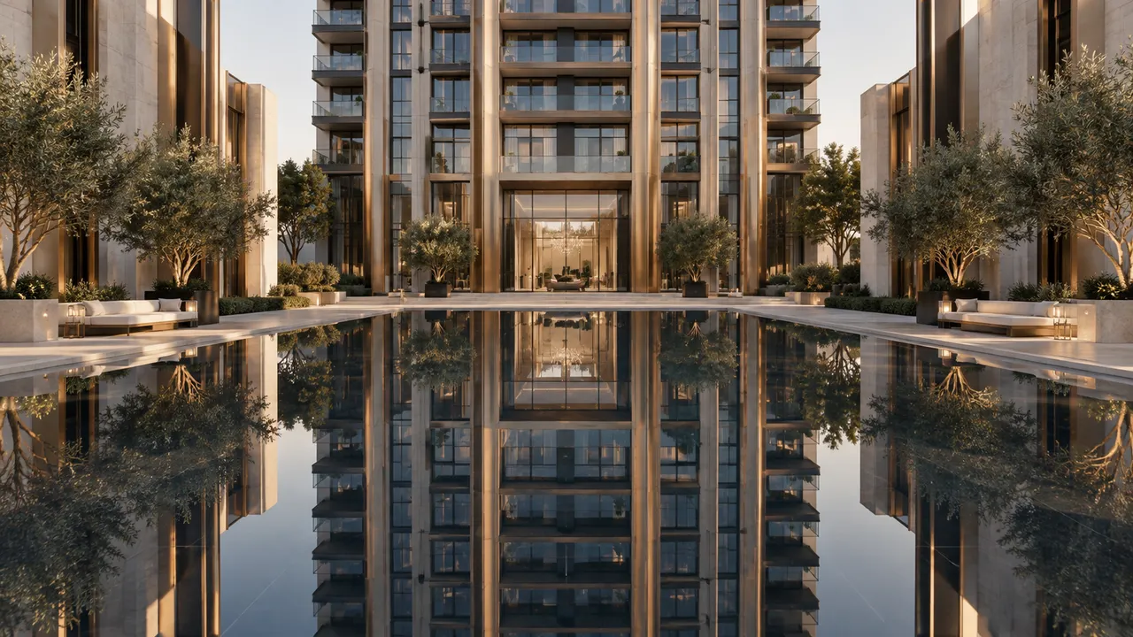 Completed tower facade reflected in a still geometric courtyard pool, frontal symmetric composition