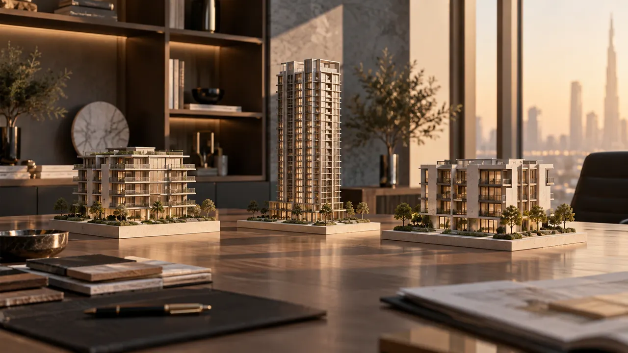 Three distinct residential building scale models spaced apart on an architect's desk, neutral comparison concept
