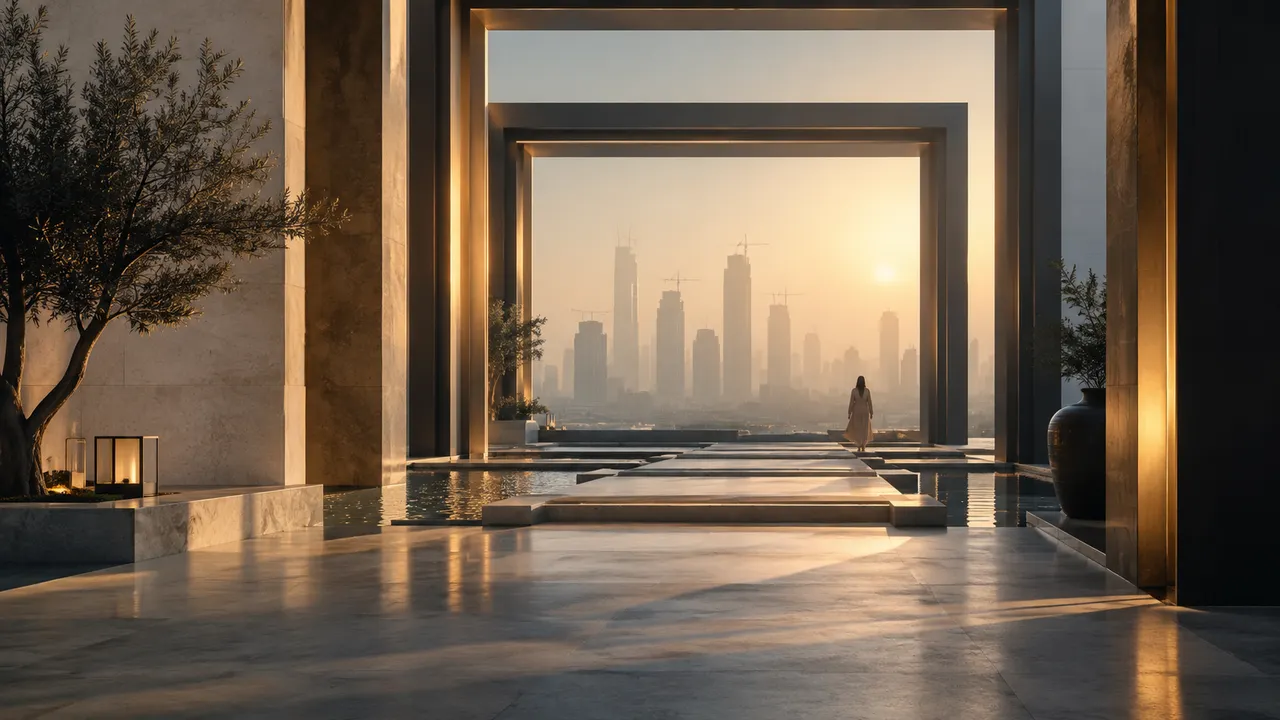 Deep perspective view through architectural frames toward hazy emerging buildings, uncertainty and long horizon concept