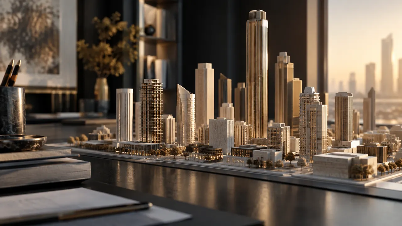 An architectural model of varied unbranded tower blocks on a dark tabletop with warm side light, low macro perspective