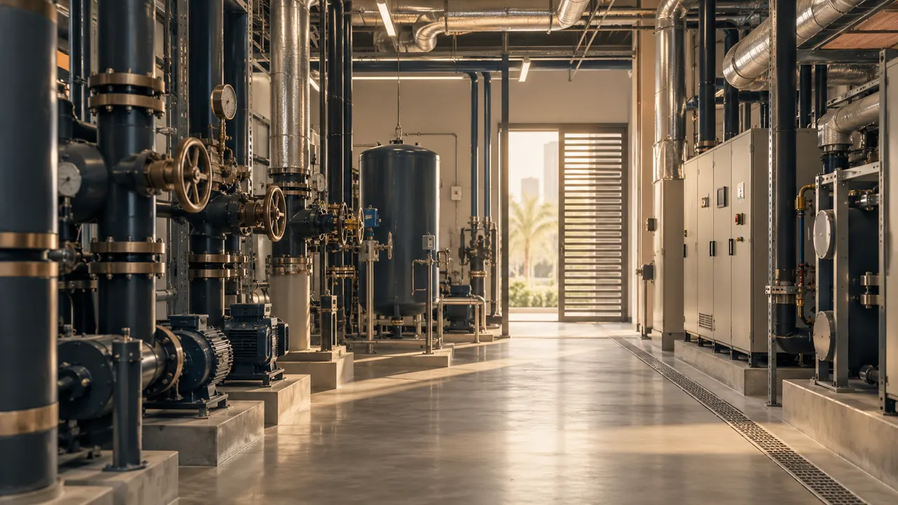Building facilities plant room with orderly pipes, valves and clean access walkway, maintenance-cost concept