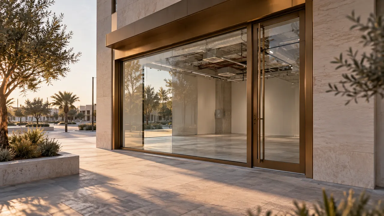 A small vacant boutique unit with exposed services, polished concrete and a single bronze storefront frame, oblique exterior view