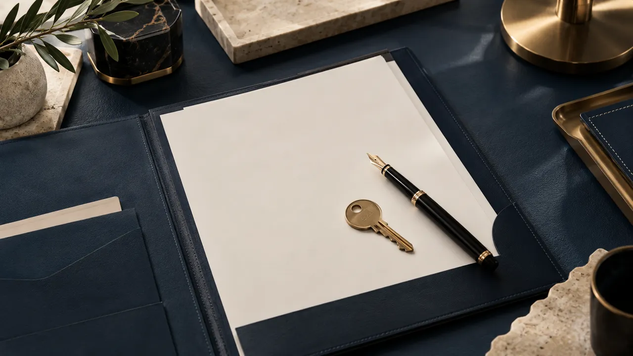 A tenancy document folder with blank paper, a brass key and fountain pen on navy leather desk, close overhead still life