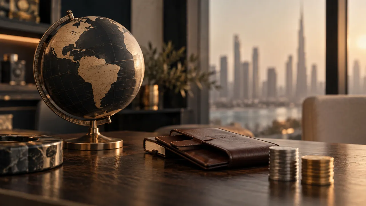 An unlabelled globe, travel wallet and two different metal coin stacks out of focus on dark oak, no readable currency