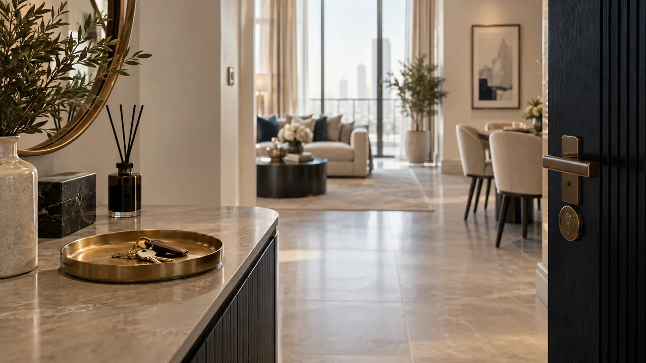 A tidy staged apartment entrance with brass key tray and neutral interior visible beyond, seller preparation concept