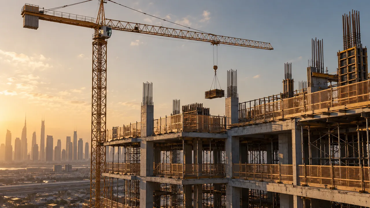 Active construction site concept with one tower crane over concrete frame and safety fencing, no logos or workers