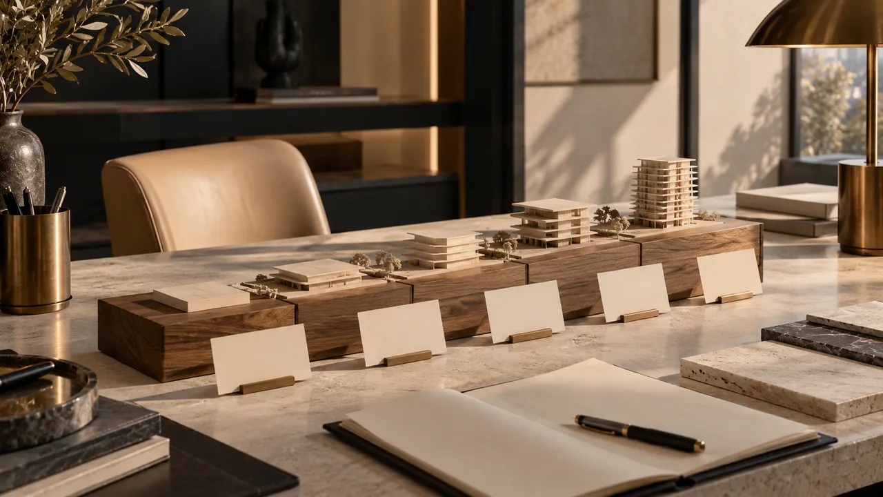 Architect's desk with a segmented physical wood timeline model and blank milestone cards, no numbers
