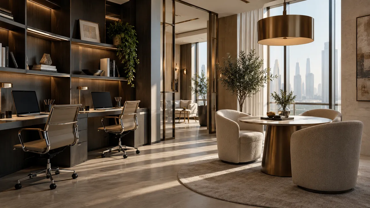 Small owner-operated professional office with built-in shelves, two workstations and warm meeting nook