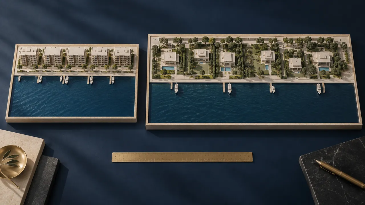Two abstract rectangular coastal development models with different building density
