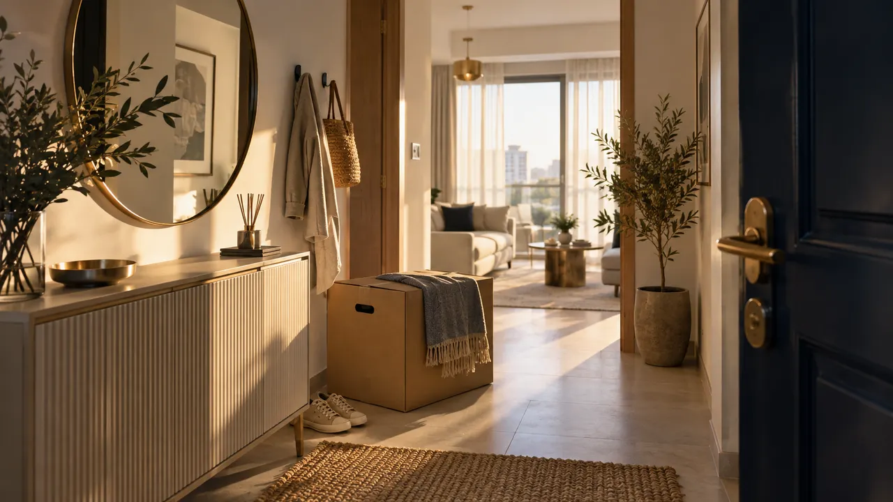 A modest sunlit apartment entry with shoe cabinet, mirror and moving carton, gentle lived-in domestic atmosphere