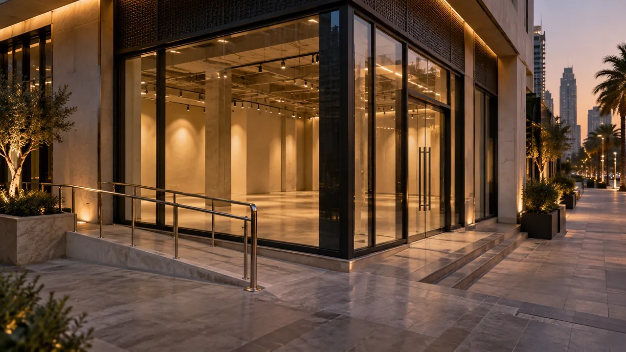 Empty retail corner unit seen from sidewalk with visible access ramp and wide display windows, dusk lighting