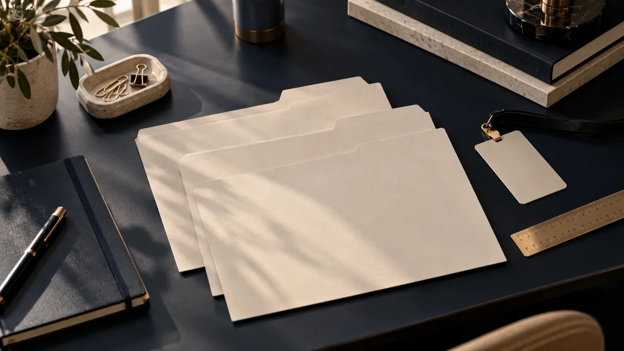 Commercial lease review concept with three plain document tabs, ruler and office keycard on a navy desk