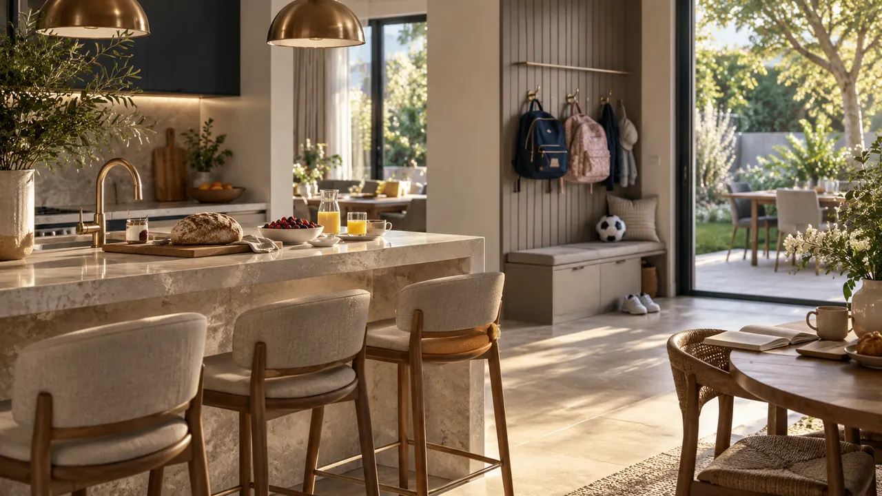 Family breakfast kitchen concept with school bags on hooks and garden light, no people